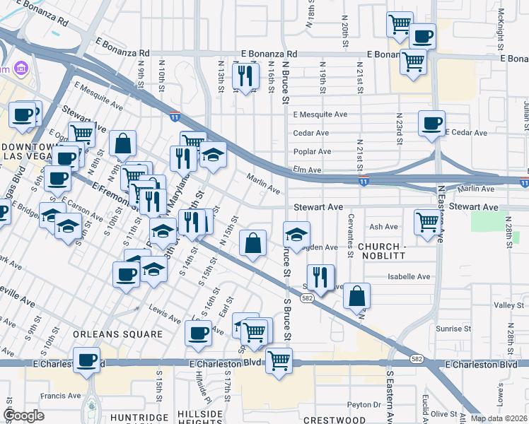 map of restaurants, bars, coffee shops, grocery stores, and more near 1610 Stewart Avenue in Las Vegas
