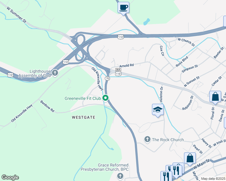 map of restaurants, bars, coffee shops, grocery stores, and more near 1600 Tennessee 70 Bypass in Greeneville