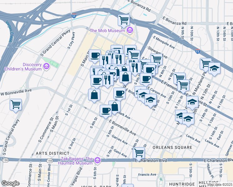 map of restaurants, bars, coffee shops, grocery stores, and more near 300 South Las Vegas Boulevard in Las Vegas