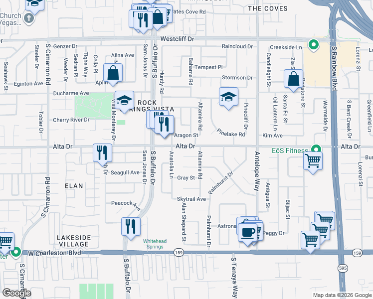 map of restaurants, bars, coffee shops, grocery stores, and more near 7305 Alta Drive in Las Vegas