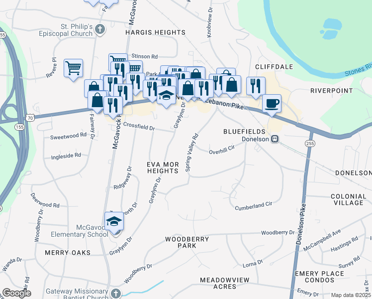 map of restaurants, bars, coffee shops, grocery stores, and more near 126 Spring Valley Road in Nashville