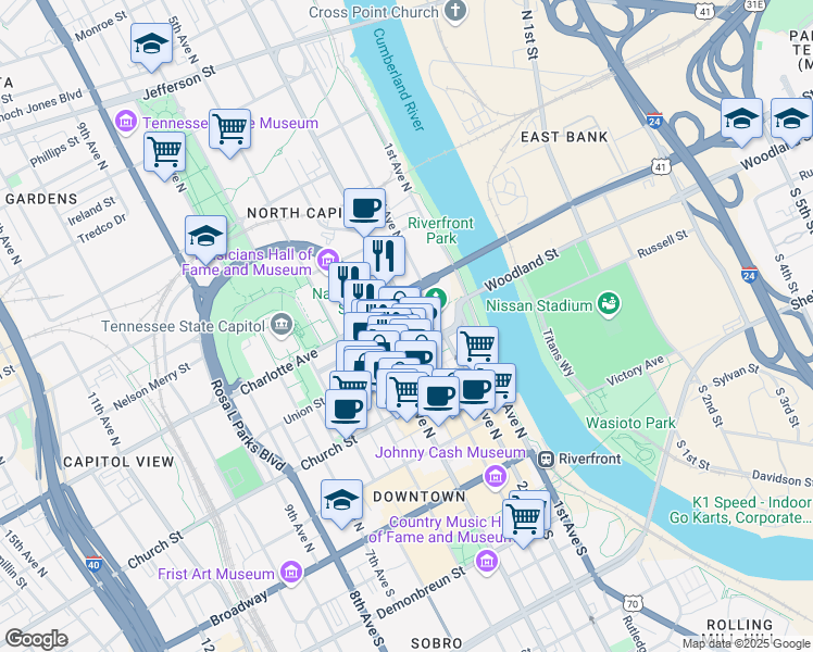 map of restaurants, bars, coffee shops, grocery stores, and more near in Nashville
