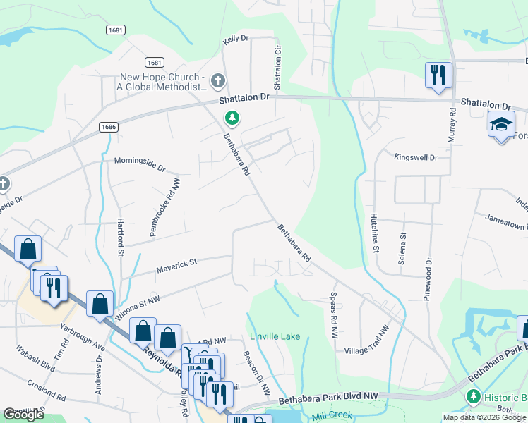 map of restaurants, bars, coffee shops, grocery stores, and more near 2506 Bethabara Road in Winston-Salem