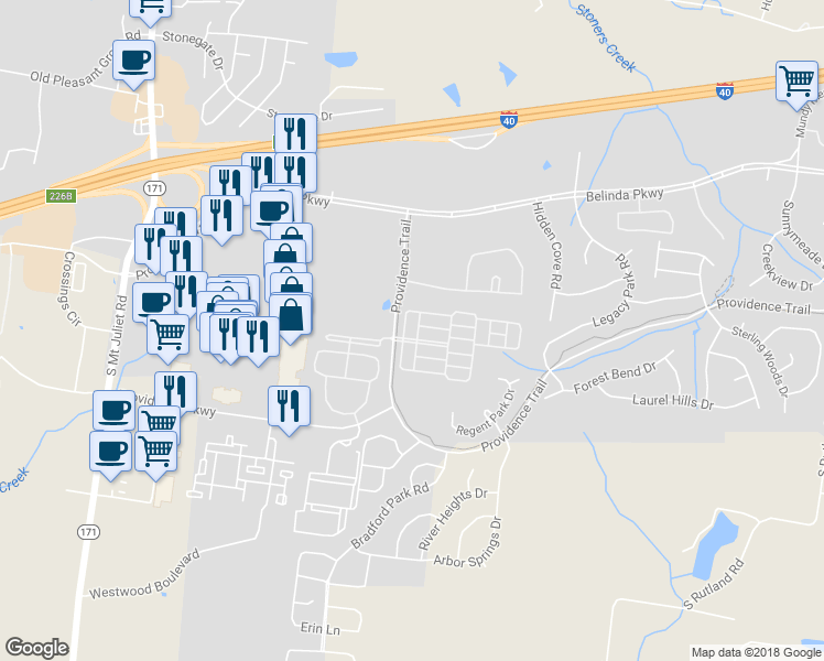 map of restaurants, bars, coffee shops, grocery stores, and more near 3002 Kingston Circle North in Mount Juliet