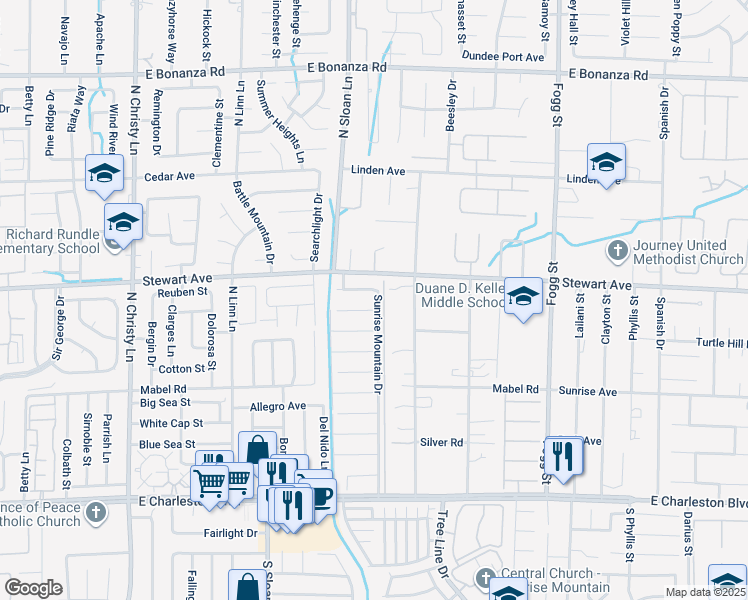 map of restaurants, bars, coffee shops, grocery stores, and more near 355 Sunrise Mountain Drive in Las Vegas