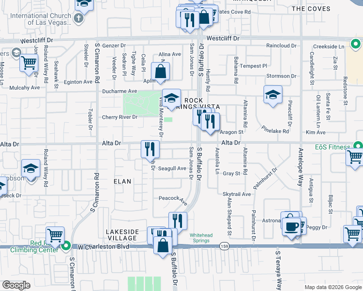 map of restaurants, bars, coffee shops, grocery stores, and more near 7612 Parakeet Avenue in Las Vegas