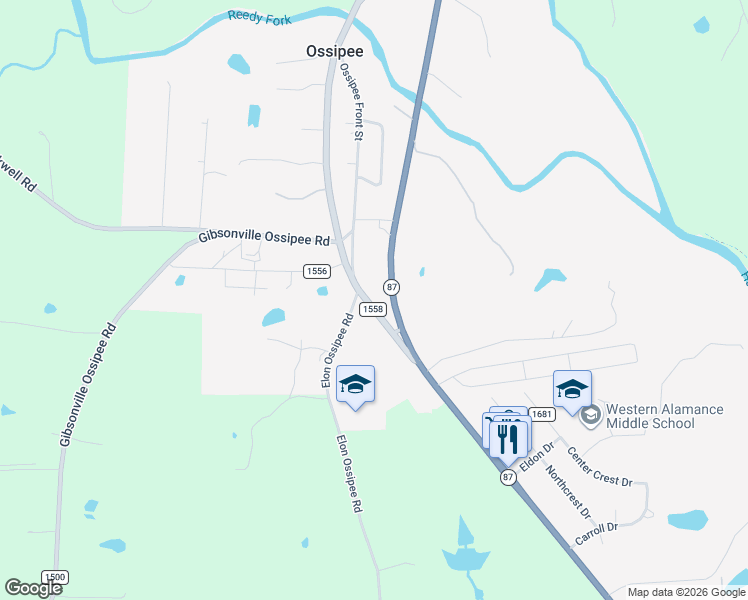 map of restaurants, bars, coffee shops, grocery stores, and more near 2345 North North Carolina Highway 87 in Elon
