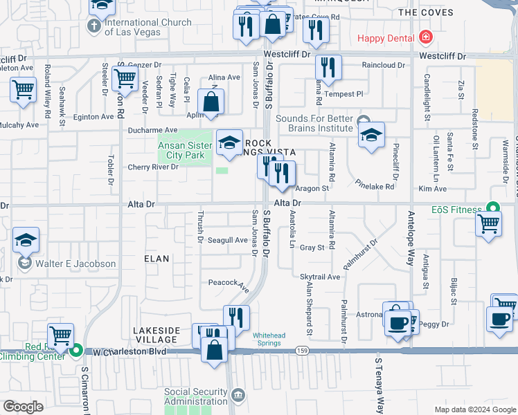 map of restaurants, bars, coffee shops, grocery stores, and more near 501 Sam Jonas Drive in Las Vegas