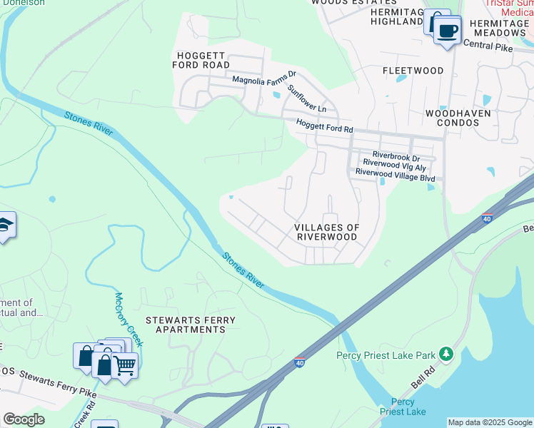 map of restaurants, bars, coffee shops, grocery stores, and more near 2121 Hickory Brook Drive in Nashville