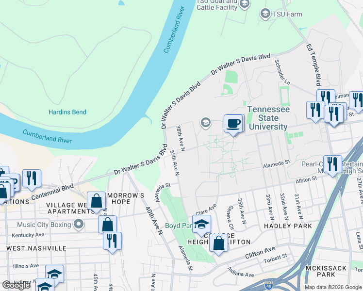 map of restaurants, bars, coffee shops, grocery stores, and more near 1105 38th Avenue North in Nashville