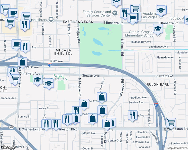 map of restaurants, bars, coffee shops, grocery stores, and more near Stewart Avenue in Las Vegas