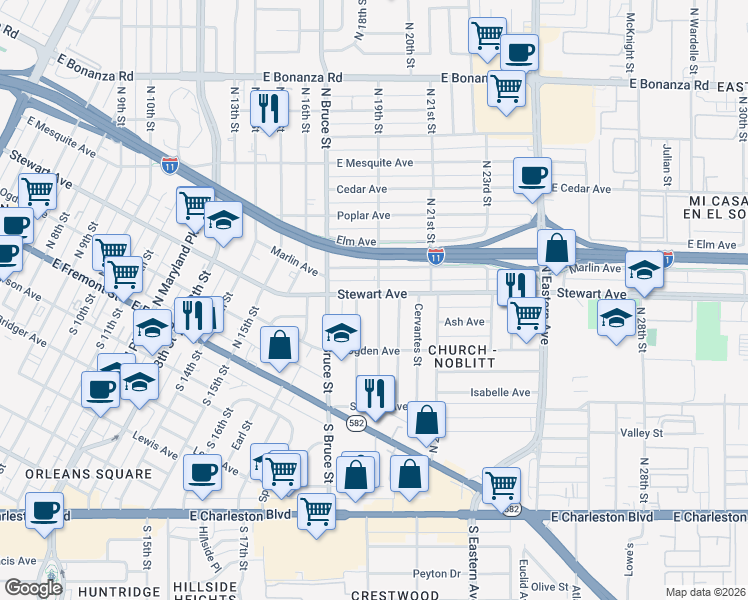 map of restaurants, bars, coffee shops, grocery stores, and more near 1813 Stewart Avenue in Las Vegas
