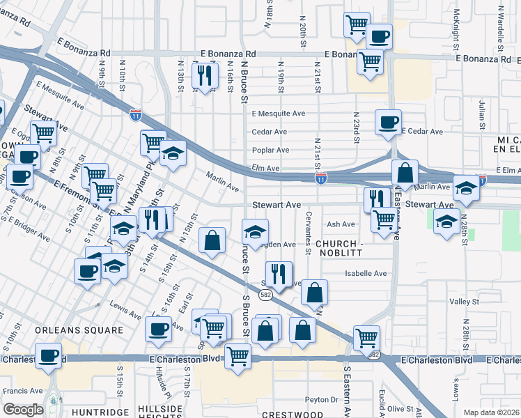 map of restaurants, bars, coffee shops, grocery stores, and more near 1813 Stewart Avenue in Las Vegas