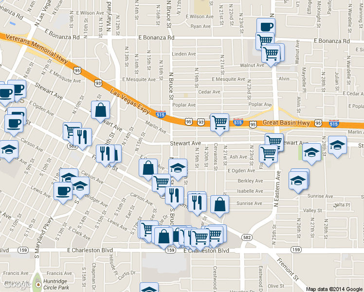 map of restaurants, bars, coffee shops, grocery stores, and more near 1813 Stewart Avenue in Las Vegas