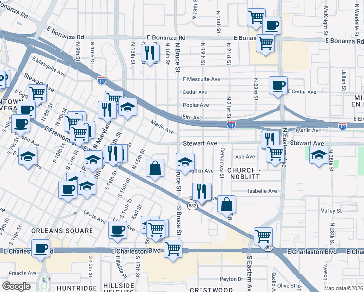 map of restaurants, bars, coffee shops, grocery stores, and more near 250 North Bruce Street in Las Vegas