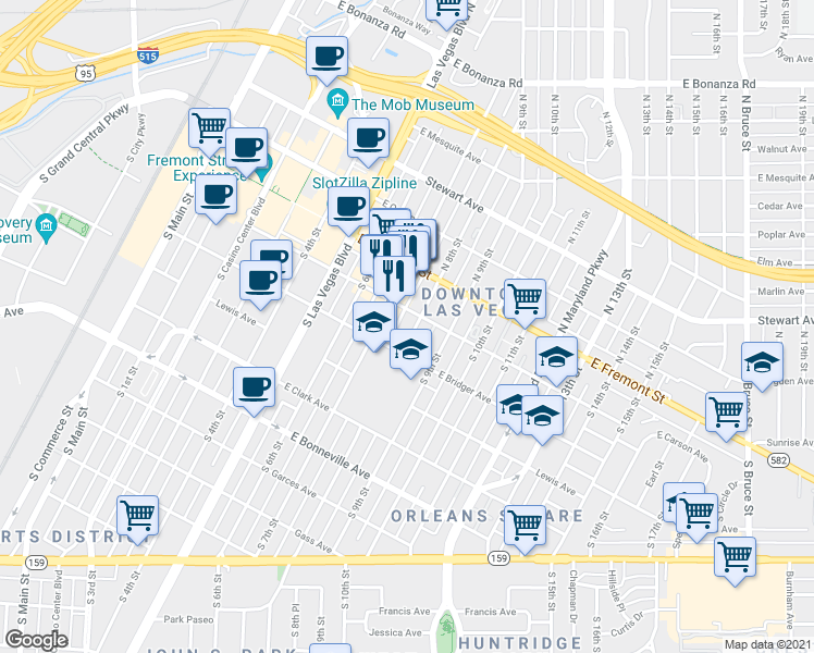 map of restaurants, bars, coffee shops, grocery stores, and more near 305 Carson Avenue in Las Vegas