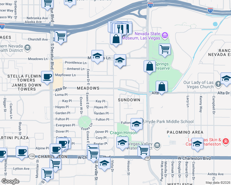 map of restaurants, bars, coffee shops, grocery stores, and more near 421 Bedford Road in Las Vegas