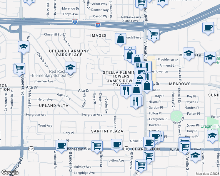map of restaurants, bars, coffee shops, grocery stores, and more near 5100 Alta Drive in Las Vegas