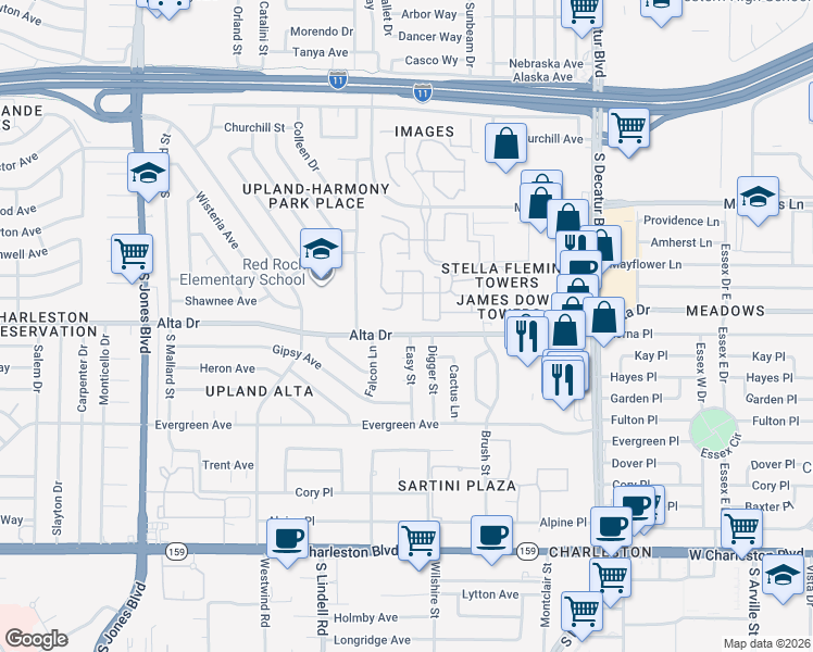 map of restaurants, bars, coffee shops, grocery stores, and more near 464 Fallwood Lane in Las Vegas
