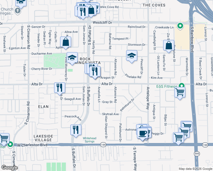map of restaurants, bars, coffee shops, grocery stores, and more near 7305 Alta Drive in Las Vegas