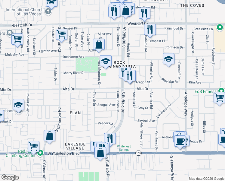 map of restaurants, bars, coffee shops, grocery stores, and more near 7612 Parakeet Avenue in Las Vegas
