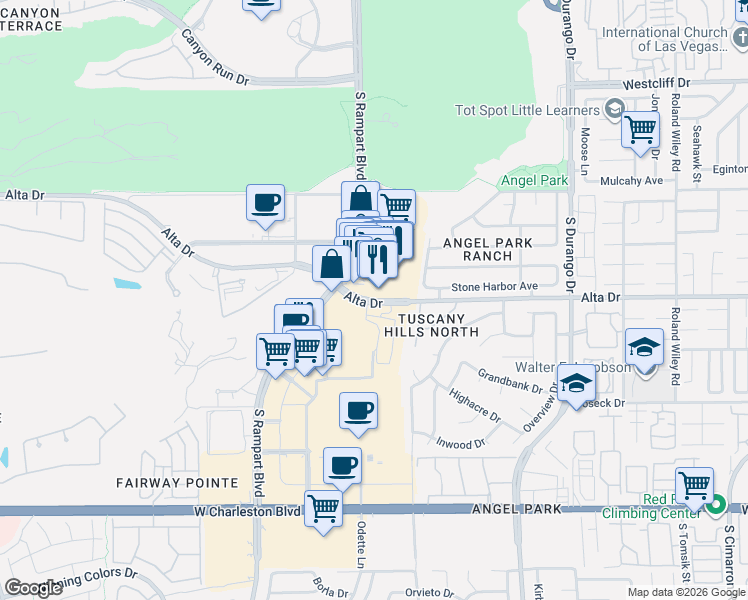 map of restaurants, bars, coffee shops, grocery stores, and more near 410 South Rampart Boulevard in Las Vegas