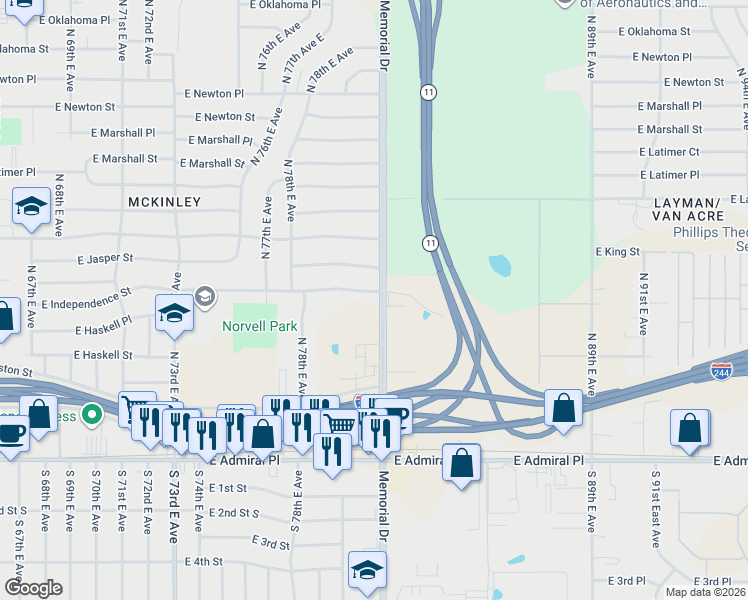 map of restaurants, bars, coffee shops, grocery stores, and more near 7872 East Independence Street in Tulsa