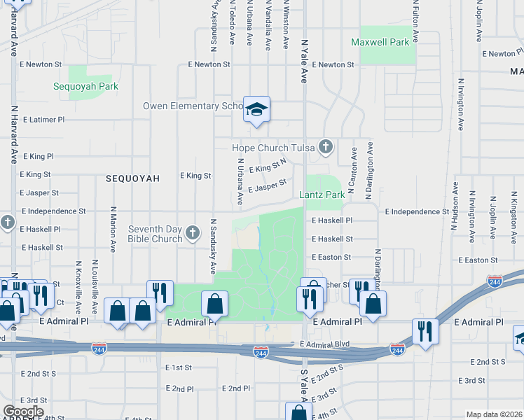 map of restaurants, bars, coffee shops, grocery stores, and more near 4636 East Independence Street in Tulsa