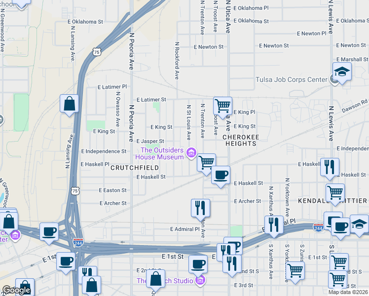map of restaurants, bars, coffee shops, grocery stores, and more near 823 North Rockford Avenue in Tulsa