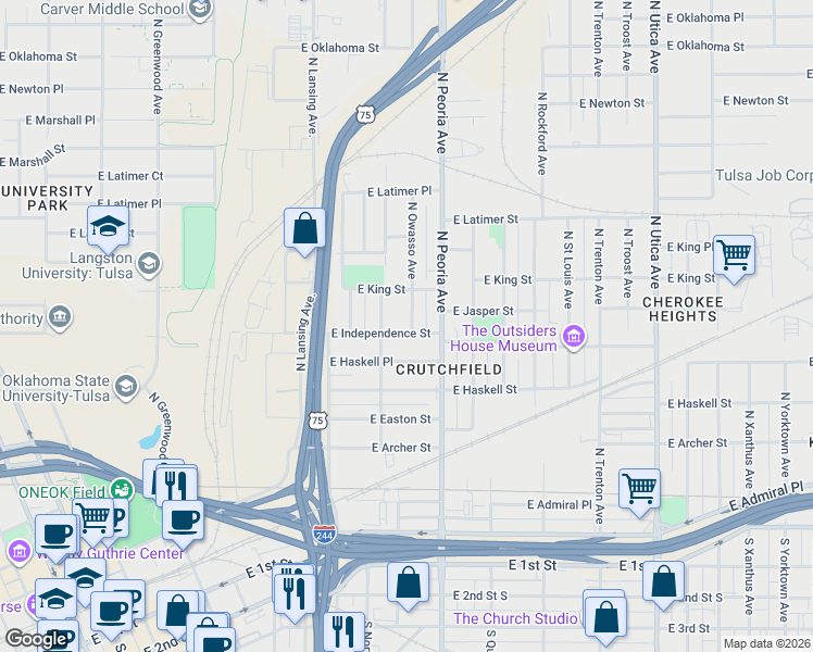 map of restaurants, bars, coffee shops, grocery stores, and more near 805 North Norfolk Avenue in Tulsa