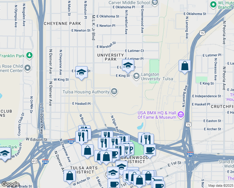 map of restaurants, bars, coffee shops, grocery stores, and more near 415 East Independence Street in Tulsa