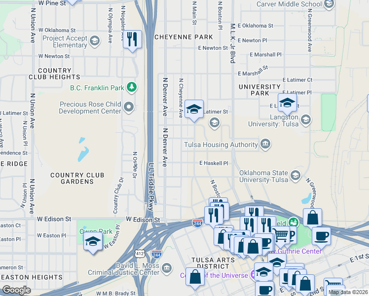 map of restaurants, bars, coffee shops, grocery stores, and more near 824 North Main Street in Tulsa