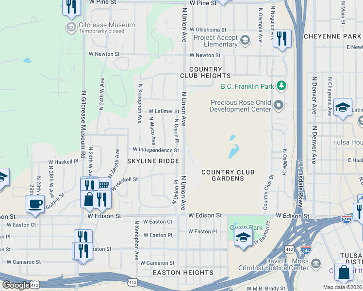 map of restaurants, bars, coffee shops, grocery stores, and more near 811 North Union Place in Tulsa