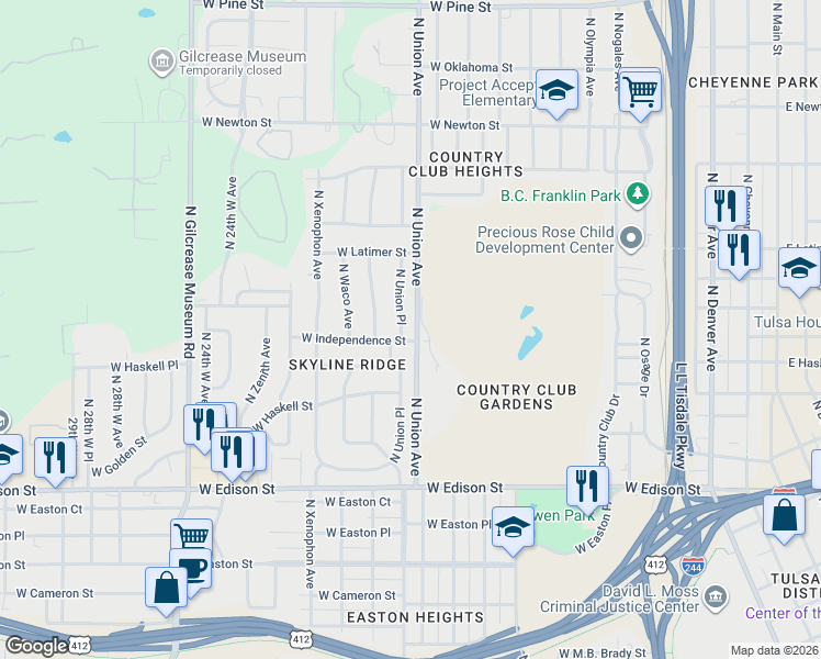 map of restaurants, bars, coffee shops, grocery stores, and more near 811 North Union Place in Tulsa