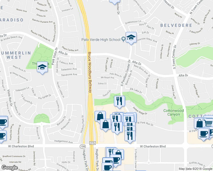 map of restaurants, bars, coffee shops, grocery stores, and more near 11001 Edina Court in Las Vegas