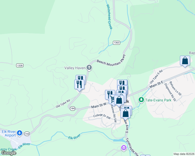 map of restaurants, bars, coffee shops, grocery stores, and more near 221 Perry Road in Banner Elk