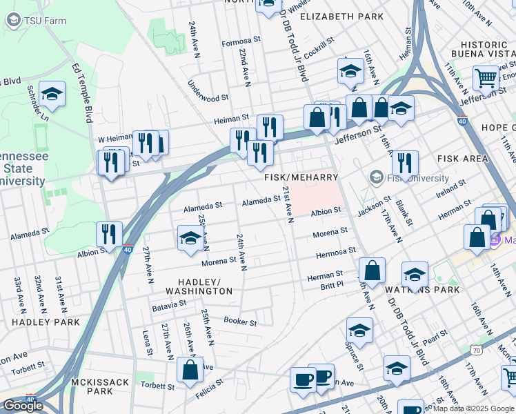 map of restaurants, bars, coffee shops, grocery stores, and more near 2303 Alameda Street in Nashville
