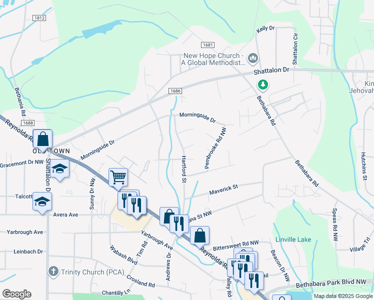 map of restaurants, bars, coffee shops, grocery stores, and more near 3831 Hartford Street in Winston-Salem