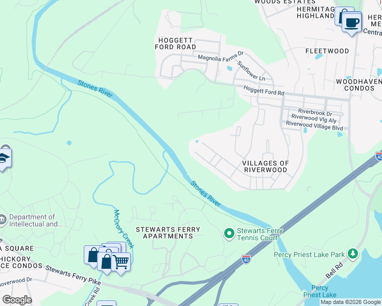 map of restaurants, bars, coffee shops, grocery stores, and more near 1881 Stonewater Drive in Nashville