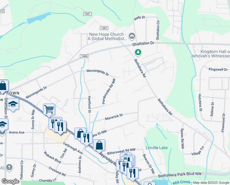 map of restaurants, bars, coffee shops, grocery stores, and more near 3850 Queen Ann Circle in Winston-Salem