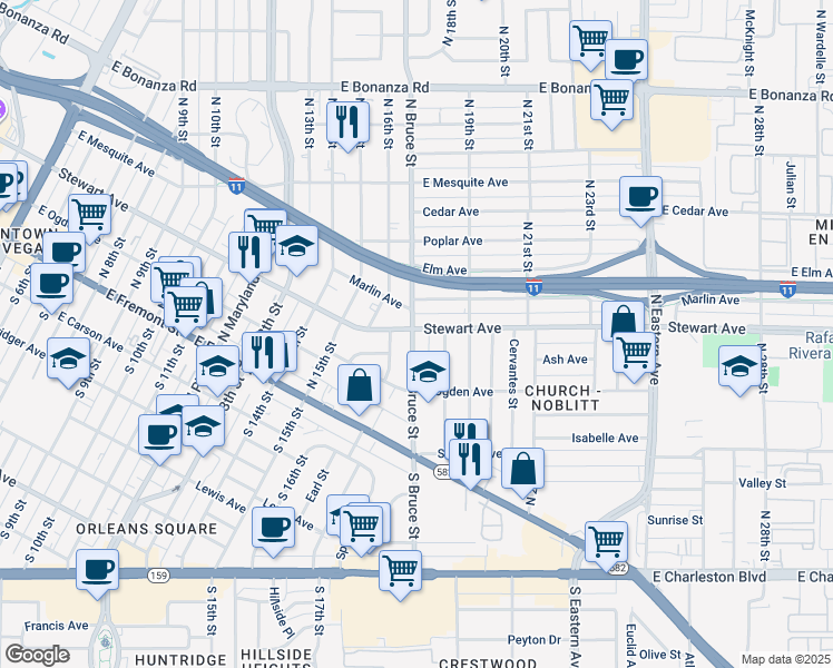 map of restaurants, bars, coffee shops, grocery stores, and more near 250 North Bruce Street in Las Vegas