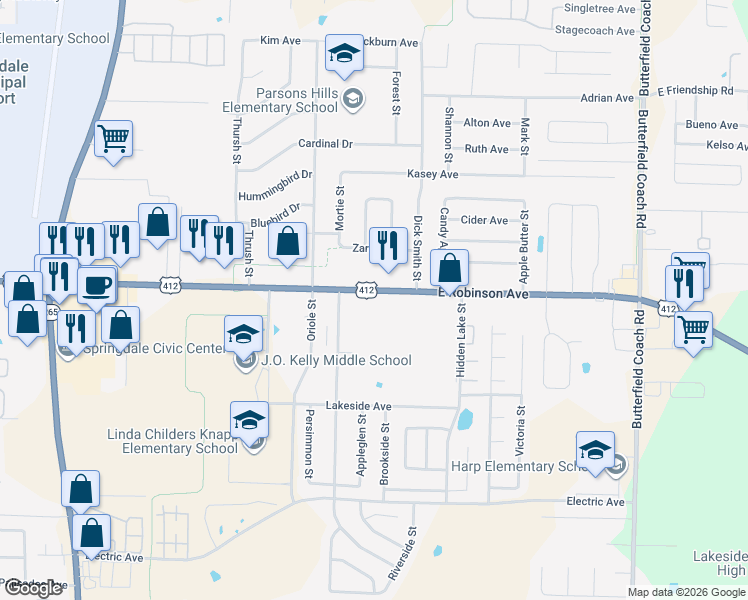 map of restaurants, bars, coffee shops, grocery stores, and more near 2283 East Robinson Avenue in Springdale