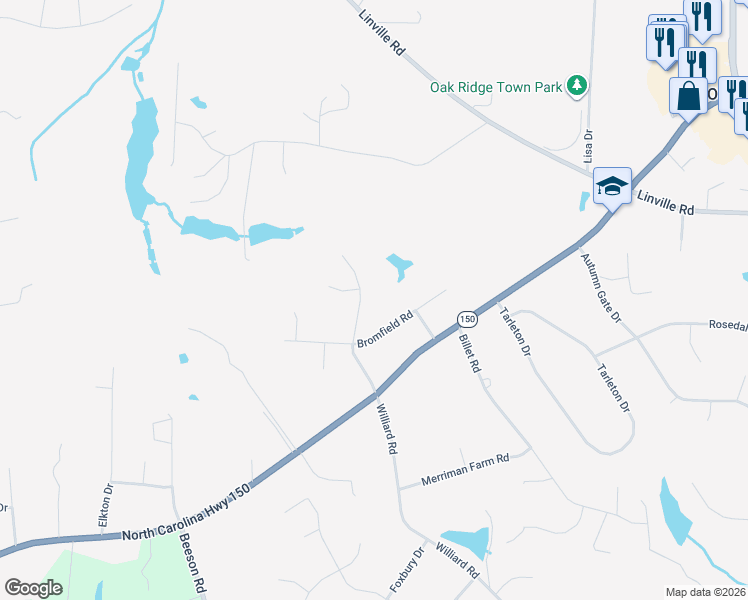 map of restaurants, bars, coffee shops, grocery stores, and more near 8600 Bromfield Road in Oak Ridge