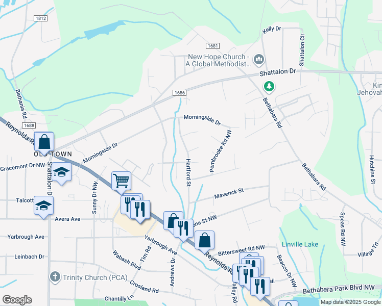 map of restaurants, bars, coffee shops, grocery stores, and more near 3831 Hartford Street in Winston-Salem