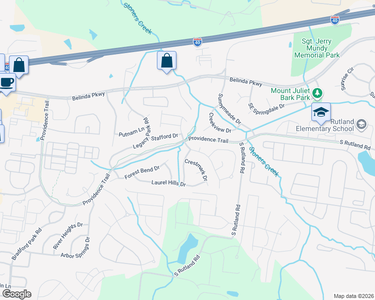 map of restaurants, bars, coffee shops, grocery stores, and more near 204 Sterling Woods Drive in Mt. Juliet