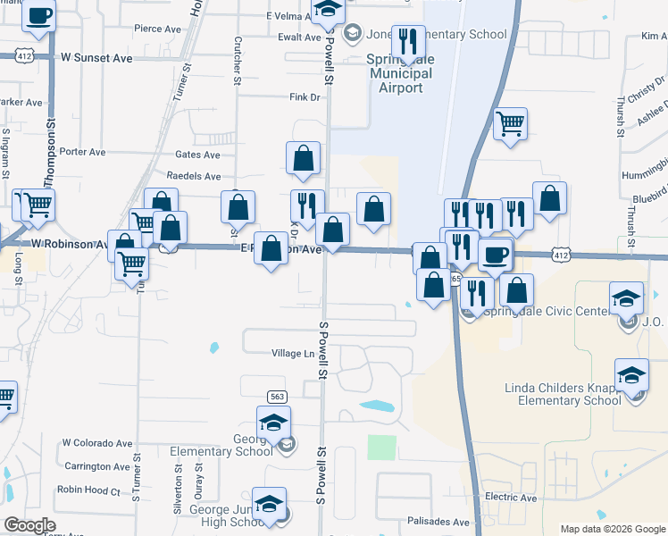 map of restaurants, bars, coffee shops, grocery stores, and more near 669 East Robinson Avenue in Springdale