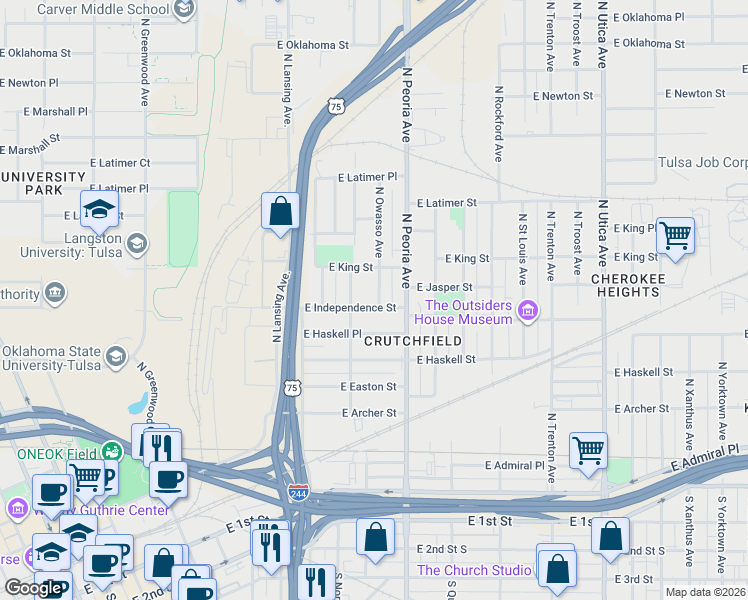 map of restaurants, bars, coffee shops, grocery stores, and more near 805 North Norfolk Avenue in Tulsa
