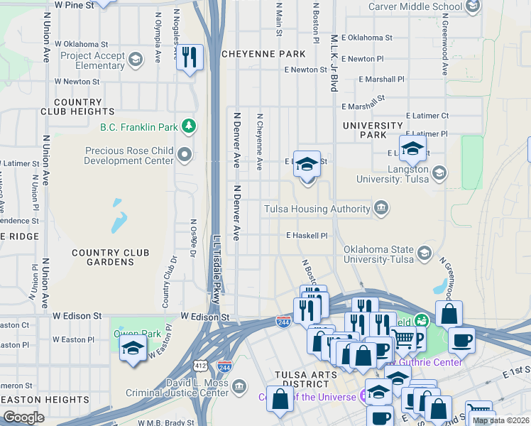 map of restaurants, bars, coffee shops, grocery stores, and more near 824 North Main Street in Tulsa