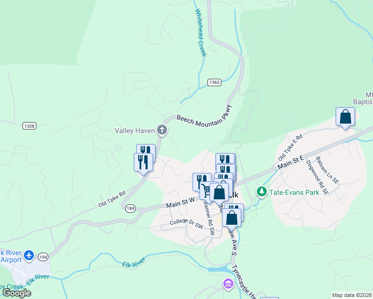 map of restaurants, bars, coffee shops, grocery stores, and more near 221 Perry Rd in Banner Elk