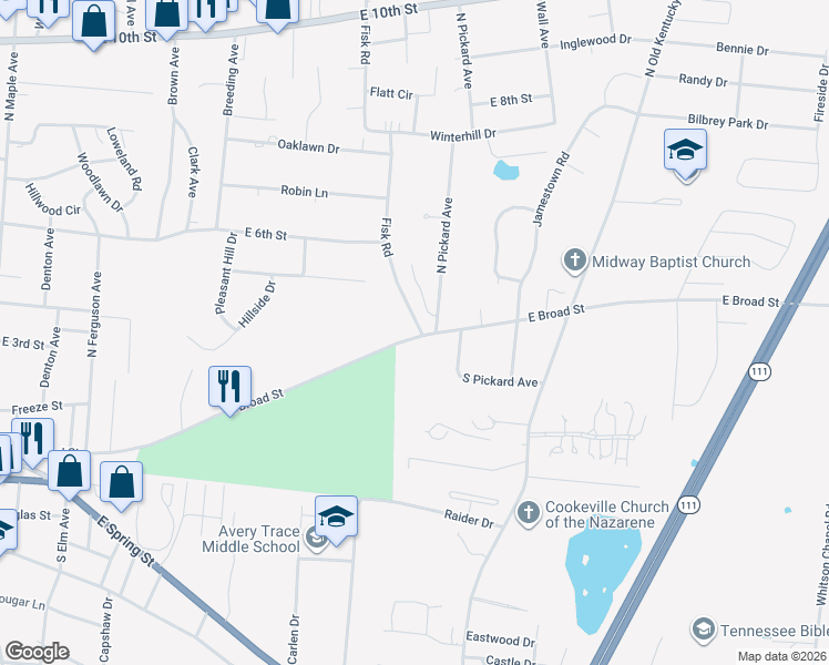 map of restaurants, bars, coffee shops, grocery stores, and more near 512 Fisk Road in Cookeville